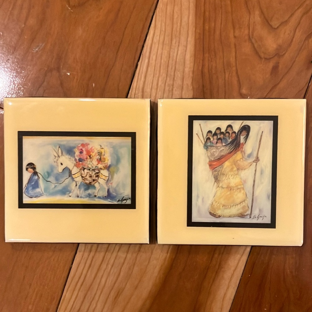 2 I vintage Ted DeGrazia 4x4 coated tiles Southwestern Native American art